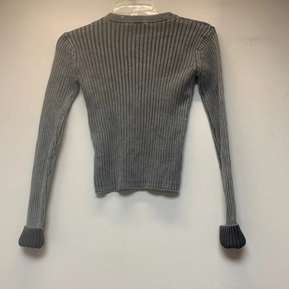 Miou Muse Ribbed Knit Sweater Womens Small Grey Excellent Cotton Long Sleeve T29